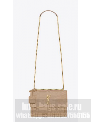 Yves Saint Laurent SUNSET MEDIUM CHAIN BAG IN CROCODILE EMBOSSED SHINY LEATHER 442906 DARK BEIGE