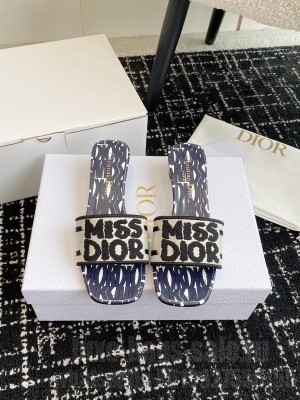 Dior Dway Heeled Slide Embroidered Cotton and Deep Blue Miss Dior Allover Motif
