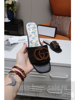Gucci Calfskin Flat Slide Sandals with Aged Gold GG Black 2021 Collection
