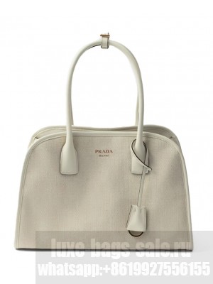 Prada Medium Linen Blend And Leather Tote Bag 1BG572 Cream