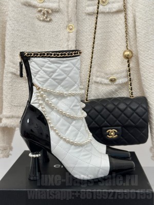 Chanel Patent leather Down fabric With Pearl chain 7cm Ankle Boots 2024 White