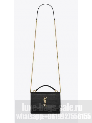 SAINT LAUREN SUNSET CHAIN WALLET IN CROCODILE-EMBOSSED SHINY LEATHER 533026 BLACK