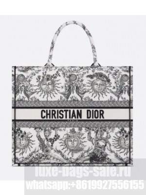 Large Dior Book Tote White and Black Toile de Jouy Soleil Embroidery M1286ZECQ