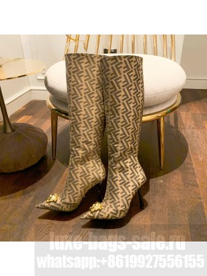 Versace x Fendi 10.5cm Fendace FF Canvas Knee-High Boots Brown 2022 Collection
