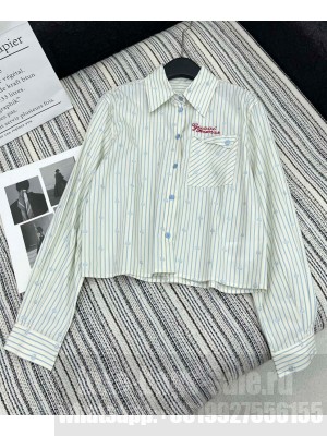 Gucci Women's Embroidered Striped Cotton Shirt Blue