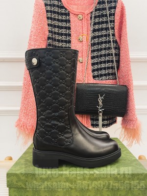 Gucci 4cm Embossed Leather High Boots Black