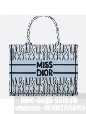 Medium Dior Book Tote Pale Blue and Black Miss Dior Allover Embroidery M1296ZEZE