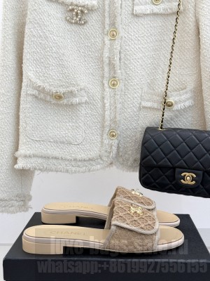 Chanel Crochet Flat Slides Sandal with Foldover G45474 Beige 2025
