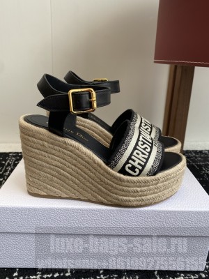 Dior Dway Wedge Sandal Black Calfskin and Embroidered Cotton