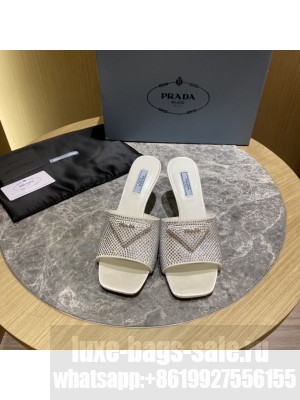 Prada 6cm Satin slides sandals With Cryscals Mule 2022 Collection,White