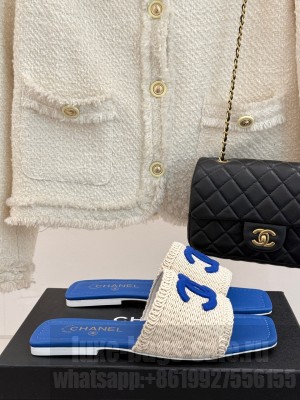 Chanel knit flat mules CC logo blue 2025