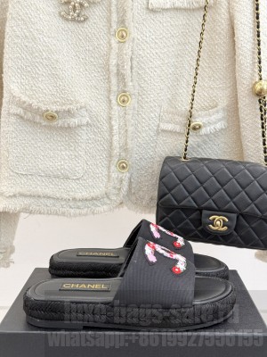 Chanel Canvas Embroidered CC Espadrilles Slide Mules Black 2025
