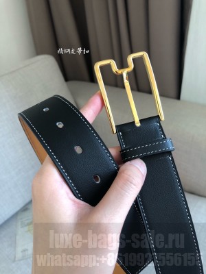 Hermes Goodnight Leather Belt 38mm with Framed Buckle Black/Gold 2019 Collection