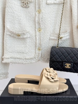 Chanel Lambskin Leather Flat Slides Sandal with Camellia Beige 2025