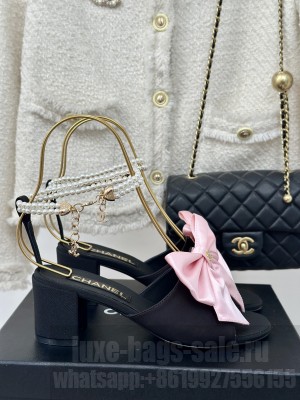 Chanel Silk Heel Sandals 6cm with Maxi Bow and Pearls Black/Pink 2024 G45813 
