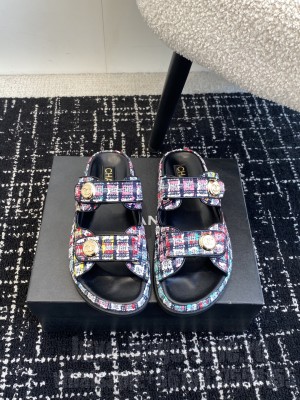 Chanel Tweed Velcro Dad Slide Sandals Denim Multicolor 2025
