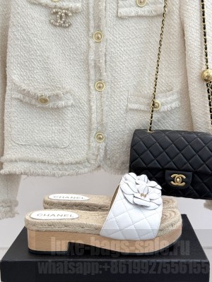 Chanel Calfskin Platform Slides Sandal 4cm with Camellia White 2025
