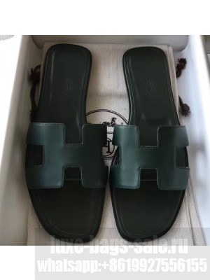 Hermes Oran Flat Slipper Sandals in Swift Box Calfskin Dark Green