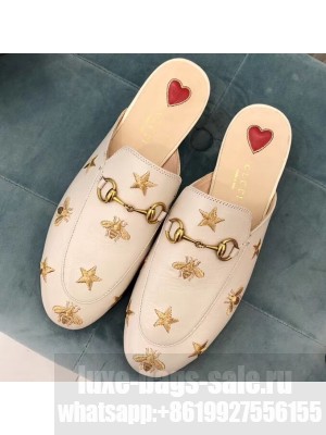 Gucci Women's Princetown Horsebit Slipper Embroidered Bees and Stars White