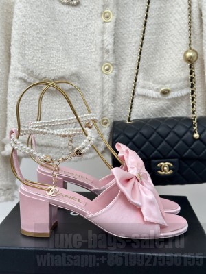 Chanel Silk Heel Sandals 6cm with Maxi Bow and Pearls Pink 2024 G45813 