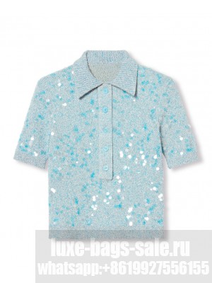 Gucci Women's Tweed Blend Polo Top Light Blue