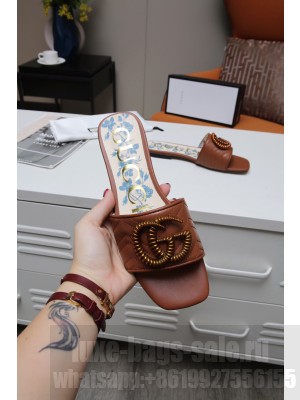 Gucci Calfskin Flat Slide Sandals with Aged Gold GG Brown 2021 Collection