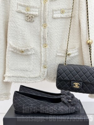 Chanel Quilted Denim Ballet Flats with Camellia Bloom Charm Black 2025