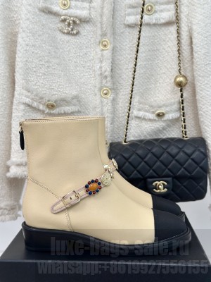Chanel Lambskin, Grosgrain Ankle Boots with Charm Strap Beige 2024 