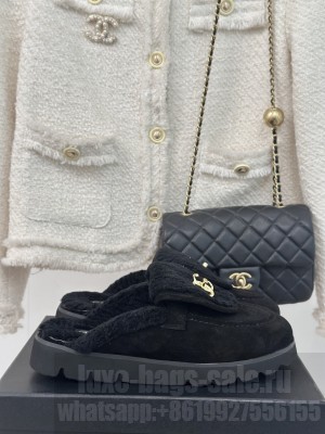 Chanel Suede & Shearling Wool Mule Black