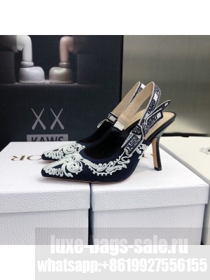 Dior J'Adior Slingback Pumps 9.5cm in Deep Blue and White Cornely-Effect Embroidery 2022 Collection