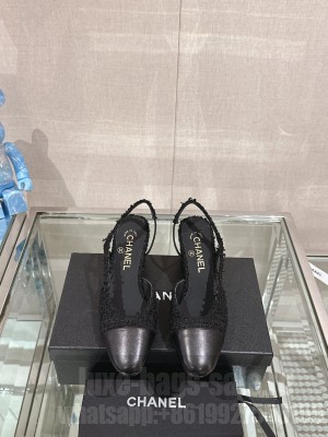 Chanel Slingbacks Tweed 6.5cm Pumps Black 2