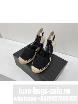Prada Linen Logo 8cm Embroidered Wedge Espadrilles  2022 Collection Black