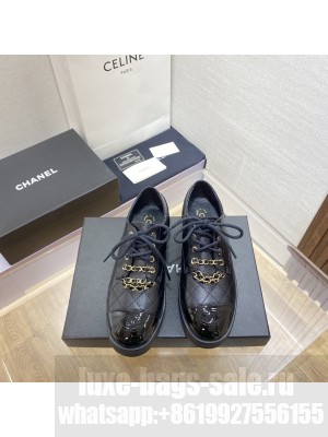 Chanel Lambskin Lace Up With Chain Loafer Black 2023SS