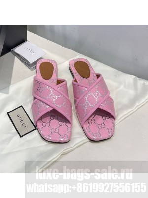 Gucci Silver Lamé Canvas Cross Slide Sandals Pink 2021 Collection