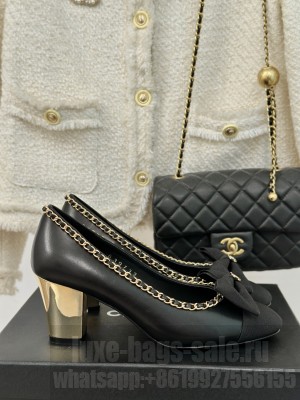 Chanel Women's 6.5cm Metal Heel Chain Around And Bow Lambskin Leather Pumps Black
