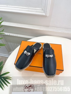 Hermes Feria espadrille in goatskin with Kelly Buckle Mule 2024 Black