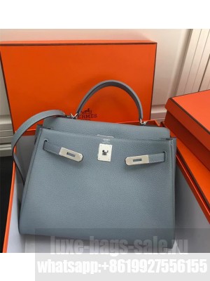 Hermes Kelly 25 Bag in Calf Leather with Gold/Silver Hardware Blue Flaxen