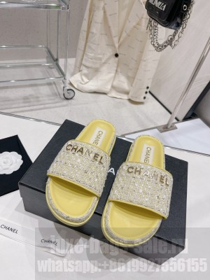 Chanel Tweed Flat Slide Sandals 2023SS Yellow