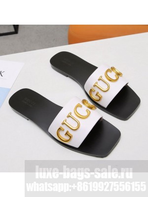 Gucci Gold Signature Calfskin Slide Sandals White 2021 (For Women and Men) Collection