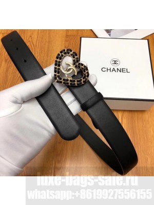 Chanel Width 3cm Chain Heart CC Logo Buckle Leather Belt Black