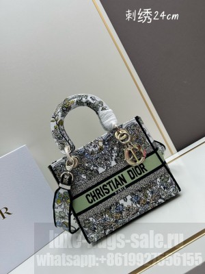 MEDIUM LADY D-LITE BAG White and green Butterfly Around The World Embroidery M0565O