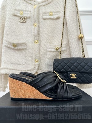 Chanel Lambskin Wedge 7cm Sandals with Round Buckle Cross Strap Black