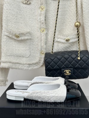 Chanel Women's Tweed & Patent Leather Slide Flat White
