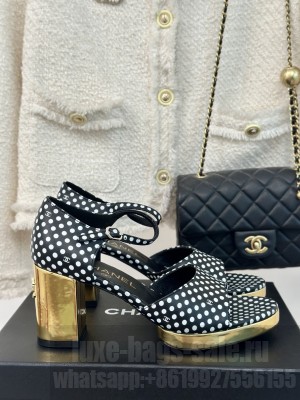 Chanel Gold Heel Calfskin Sandals Dotted Black 2024