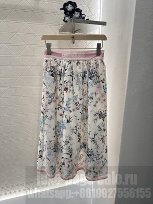 Christian Dior Mid-Length Flared Skirt Pink Cotton Muslin with Multicolor Millefiori Motif