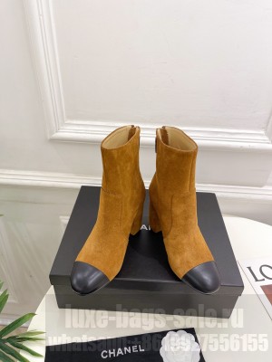 Chanel Suede & Calfskin Leather Heel Ankle Boots 9cm Brown 2024 