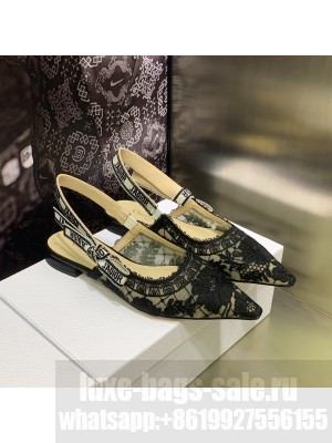 Dior J'Adior Slingback Flat in Black Transparent Mesh Embroidered with Dior Roses Motif  2023
