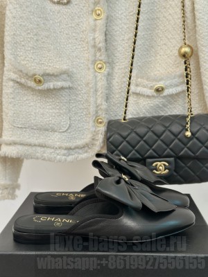 Chanel Calfskin Flat Mules with Maxi Bow Black 2024 