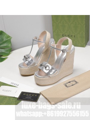 Gucci Calfskin 13cm Silver Espadrilles Wedge Sandals 2021 Collection