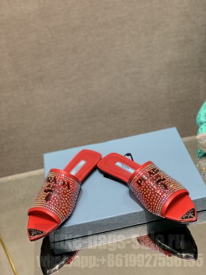 Prada TPU Flat with Crystal Studs Slipper 2022 Collection,Red